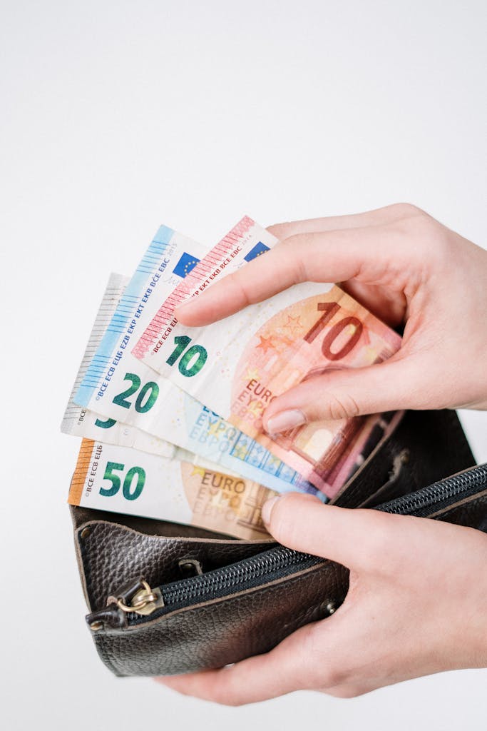 Close-up of a hand holding euro banknotes of different denominations, taken from a black wallet.